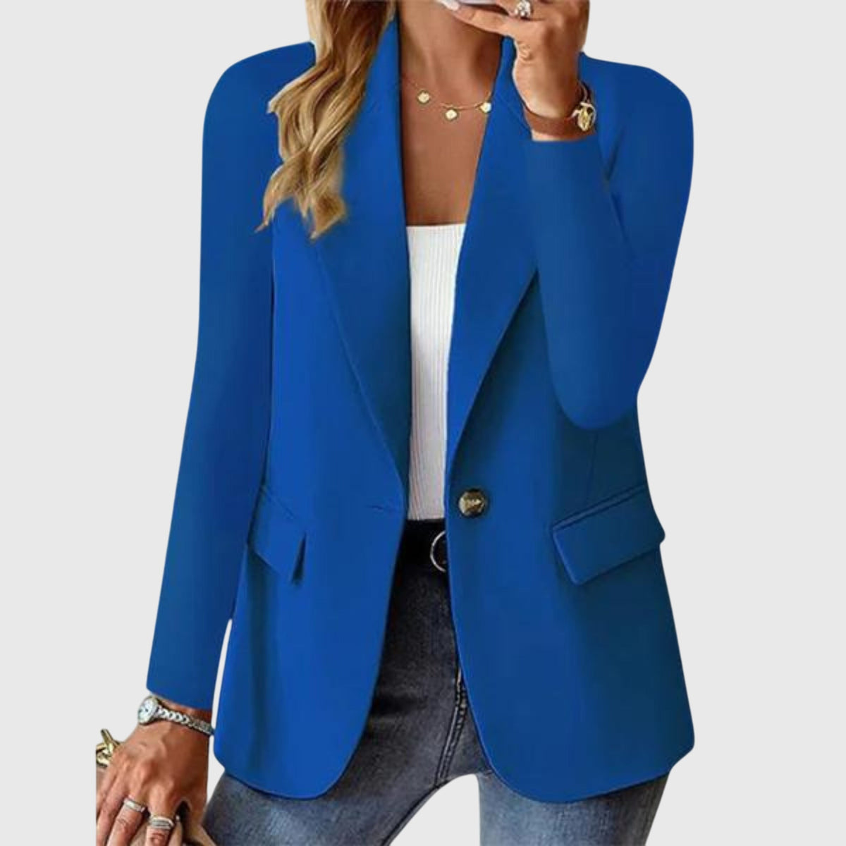 Women's Tailored Blazer with Notch Lapel and Single Button Fastening - Blue