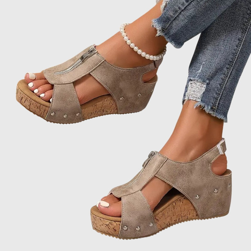 Women's Wedge Sandals with Front Zip and Studded Straps - 8