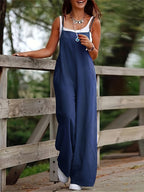 Women's Wide Leg Dungaree Jumpsuit with Adjustable Straps and Pockets - 10