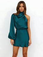 Women's One-Shoulder Mini Dress with Draped Neckline and Balloon Sleeve - Sea Blue