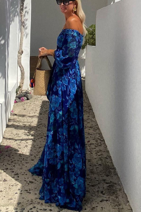 Women's Off-Shoulder Maxi Dress with Floral Print and Flared Sleeves - 4
