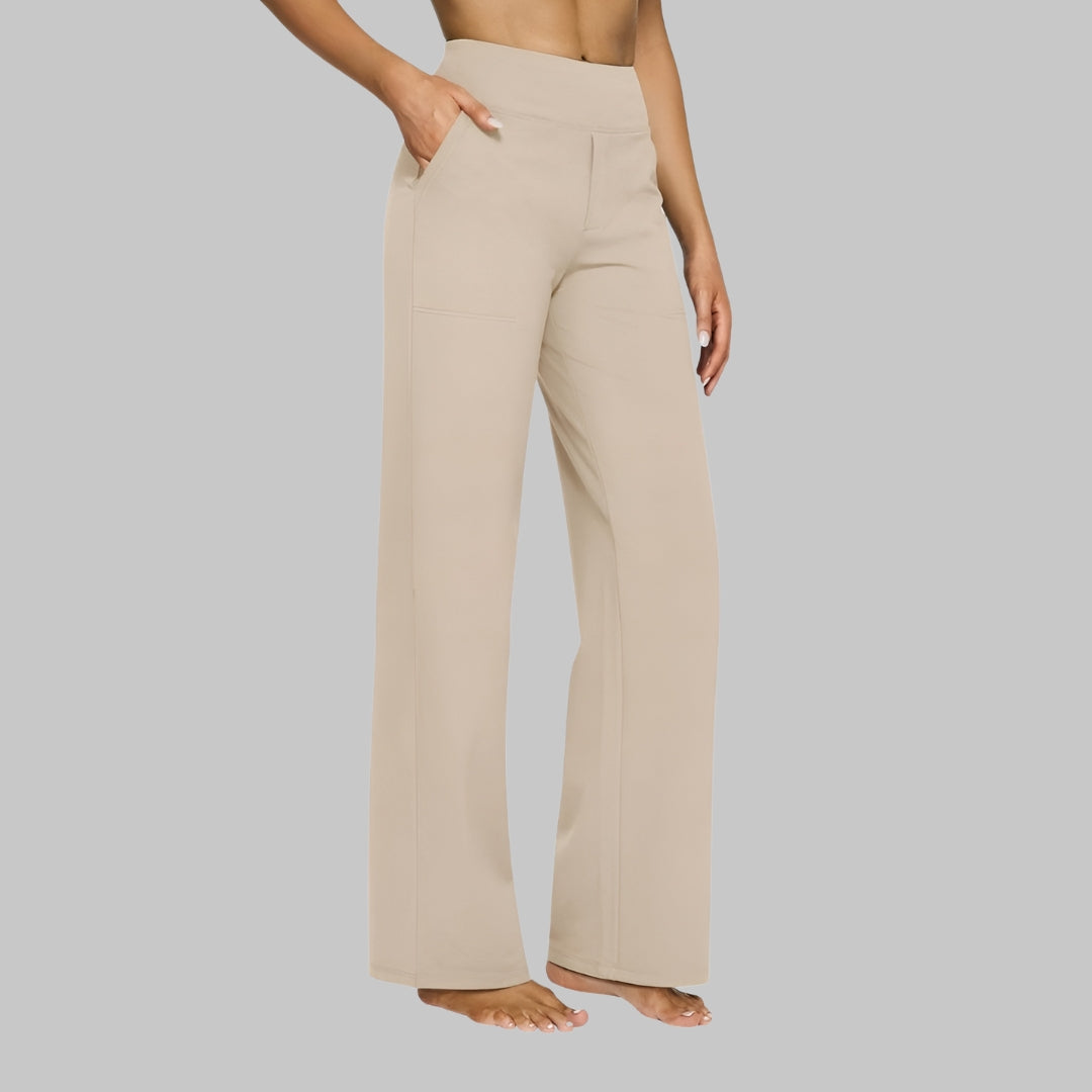 Women's Straight Leg Trousers with High Waist and Pockets - Cream