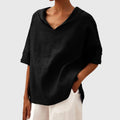 Women's Blouse Short Sleeve with V-Neck and Relaxed Fit - Black