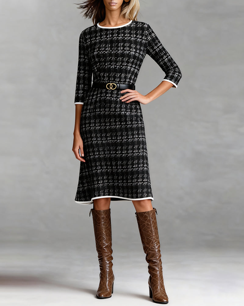 Women's A-Line Dress Round Neck Three-Quarter Sleeve Knee Length - 4