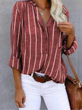 Women's Striped Blouse with V-Neck and Button Placket - Red