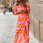 Women's Wrap Midi Dress Striped Long Sleeve with Tie Waist - Orange