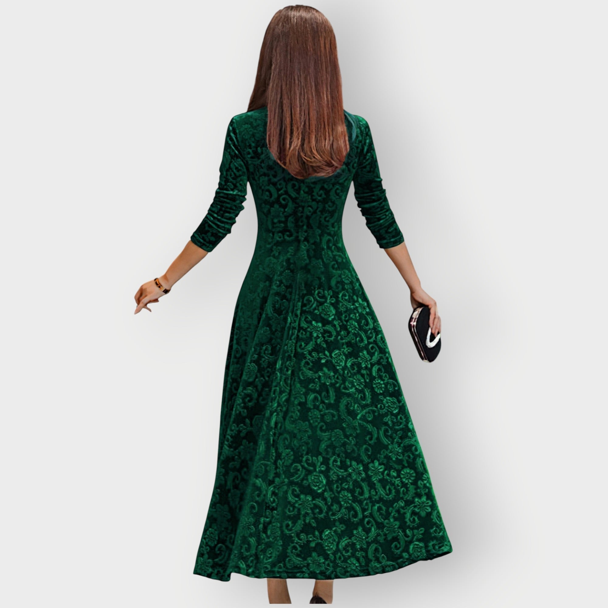 Women's Midi Dress with V-Neck and Flared Skirt - 9
