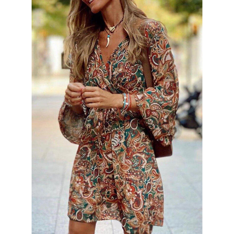 Women's Boho Dress with V-Neck and Long Balloon Sleeves - Brown