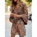Women's Boho Dress with V-Neck and Long Balloon Sleeves - Brown