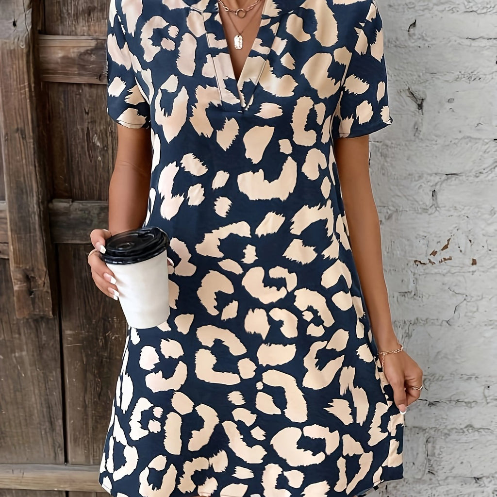 Women's Leopard Print Dress with Notch Neck and Short Sleeves - 13
