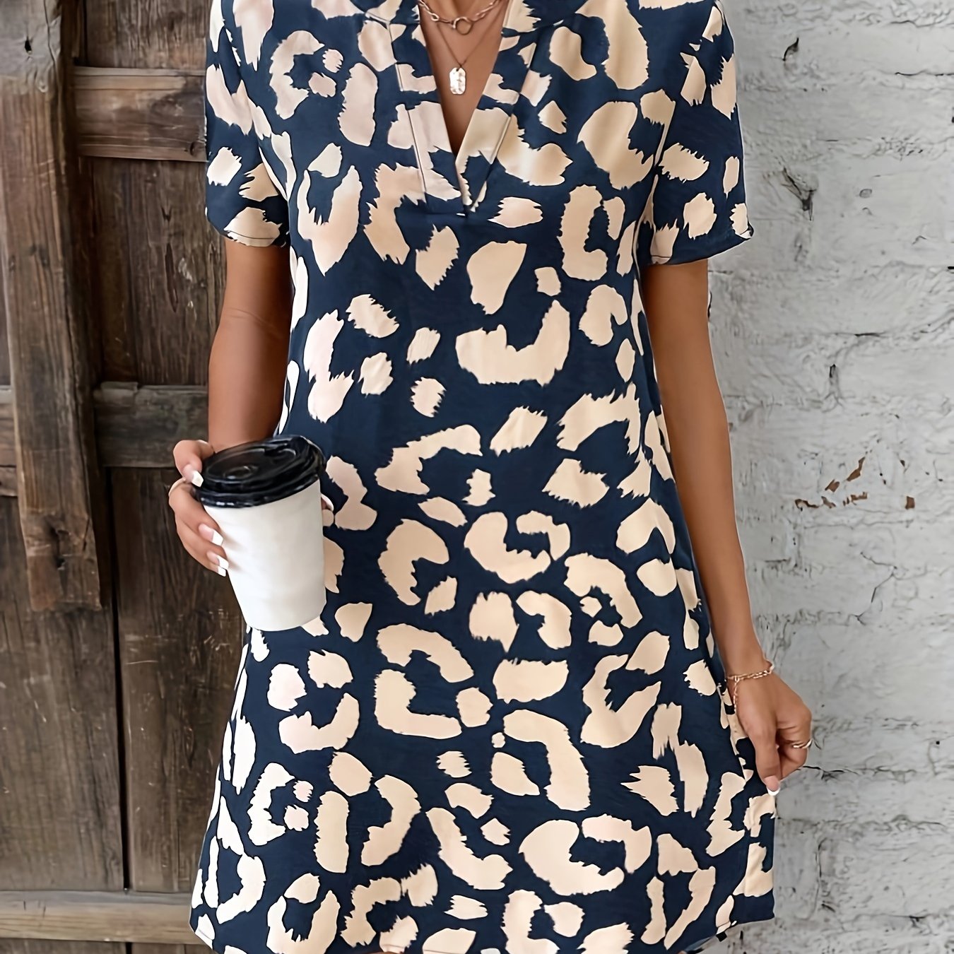 Women's Leopard Print Dress with Notch Neck and Short Sleeves - 13