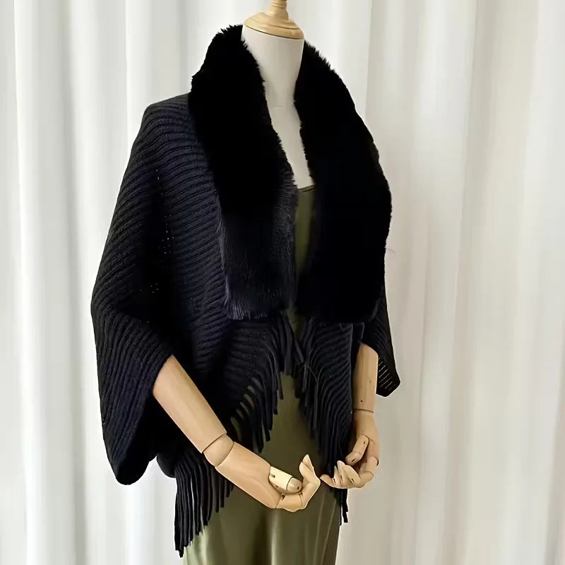Women's Knitted Scarf with Faux Fur Trim and Fringed Edge - 7