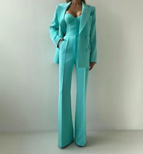 Women's Three-Piece Blazer Set Corset Top Flared Trousers - Green