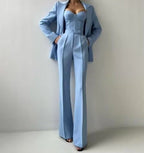 Women's Three-Piece Blazer Set Corset Top Flared Trousers - Blue