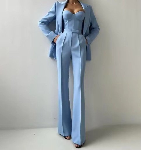 Women's Three-Piece Blazer Set Corset Top Flared Trousers - Blue