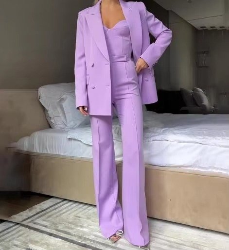 Women's Three-Piece Blazer Set Corset Top Flared Trousers - Purple