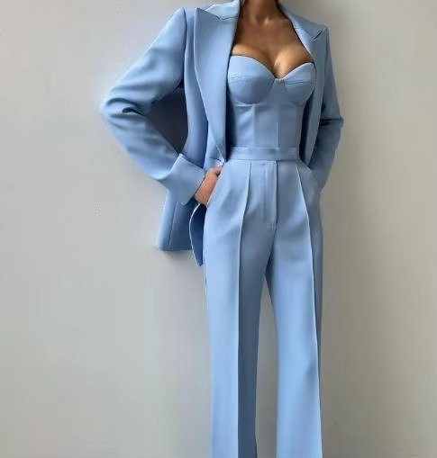 Women's Three-Piece Blazer Set Corset Top Flared Trousers - 4