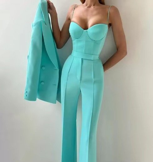 Women's Three-Piece Blazer Set Corset Top Flared Trousers - 6