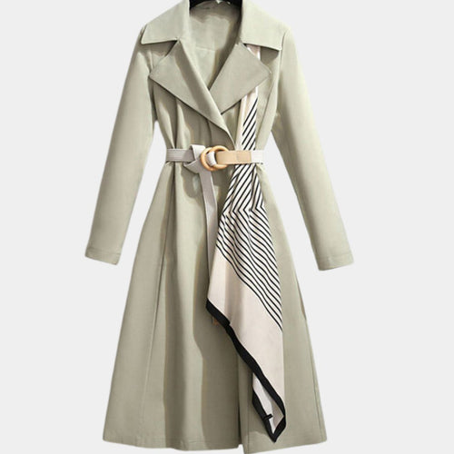 Women's Belted Trench Coat Midi Length Turndown Collar - Green