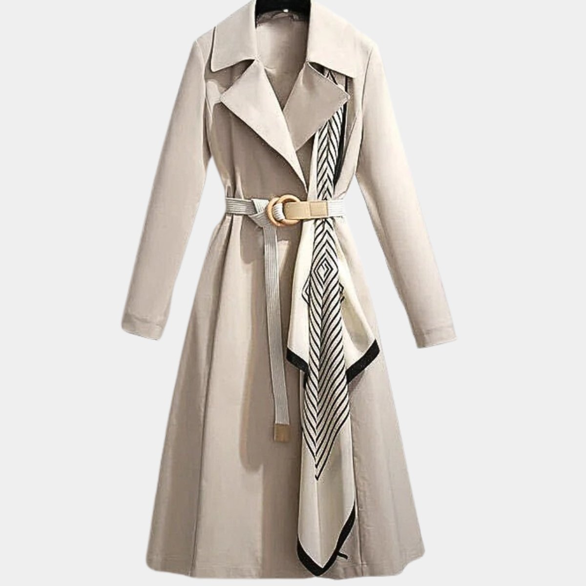 Women's Belted Trench Coat Midi Length Turndown Collar - Beige