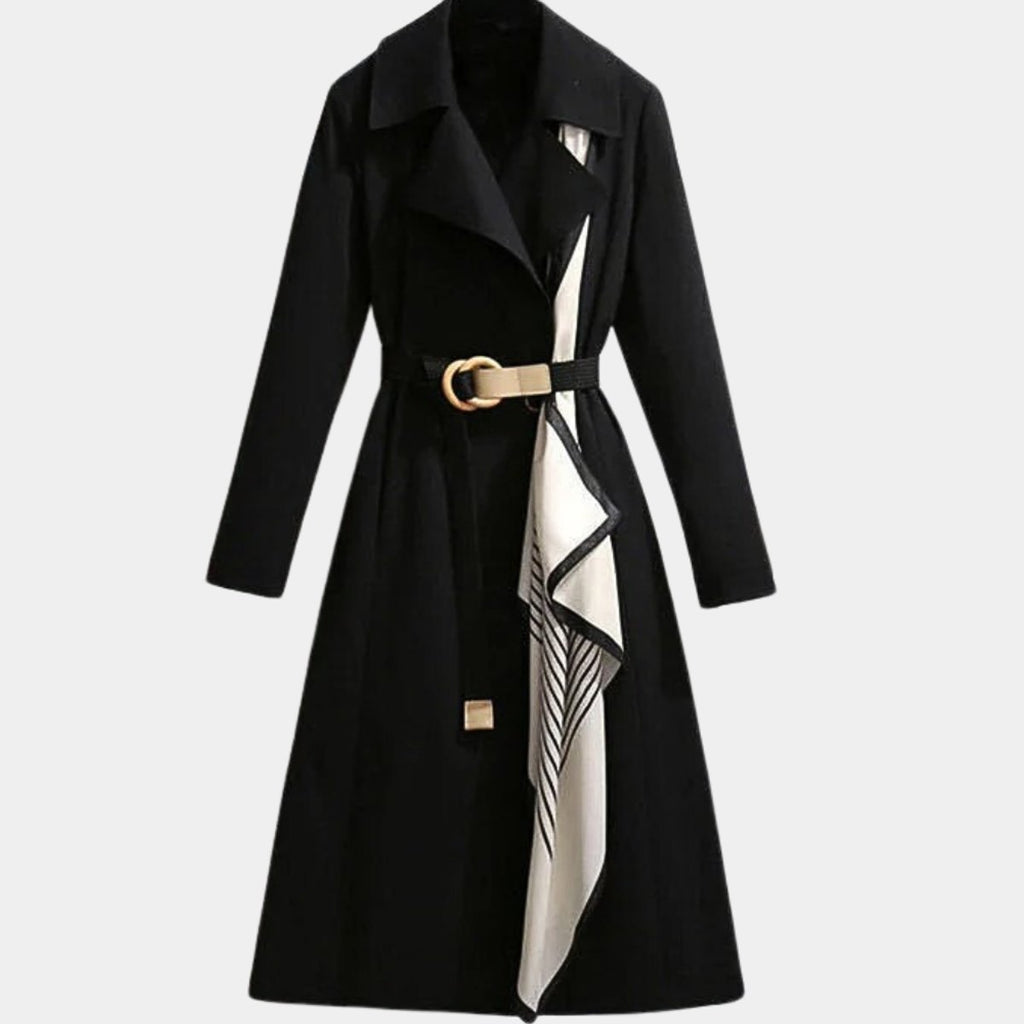 Women's Belted Trench Coat Midi Length Turndown Collar - Black