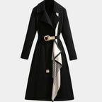 Women's Belted Trench Coat Midi Length Turndown Collar - Black