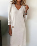 Women's V-Neck Midi Dress Long Sleeve Ribbed Cuff - White