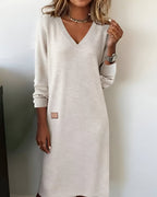 Women's V-Neck Midi Dress Long Sleeve Ribbed Cuff - White