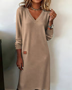 Women's V-Neck Midi Dress Long Sleeve Ribbed Cuff - Brown