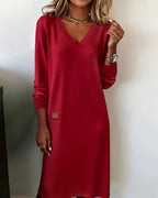 Women's V-Neck Midi Dress Long Sleeve Ribbed Cuff - Red