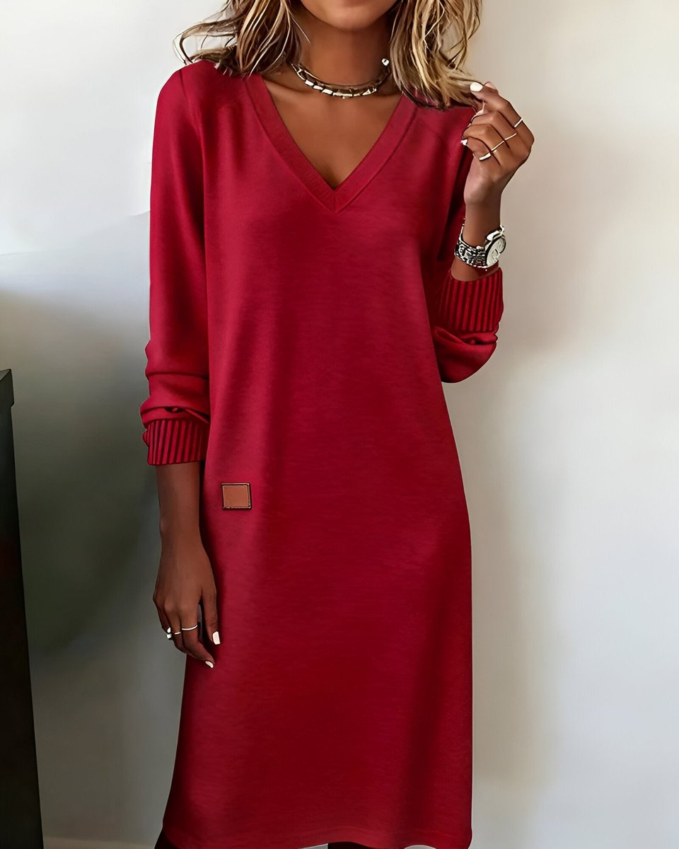 Women's V-Neck Midi Dress Long Sleeve Ribbed Cuff - Red