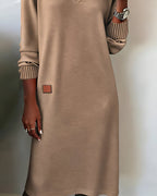Women's V-Neck Midi Dress Long Sleeve Ribbed Cuff - 7