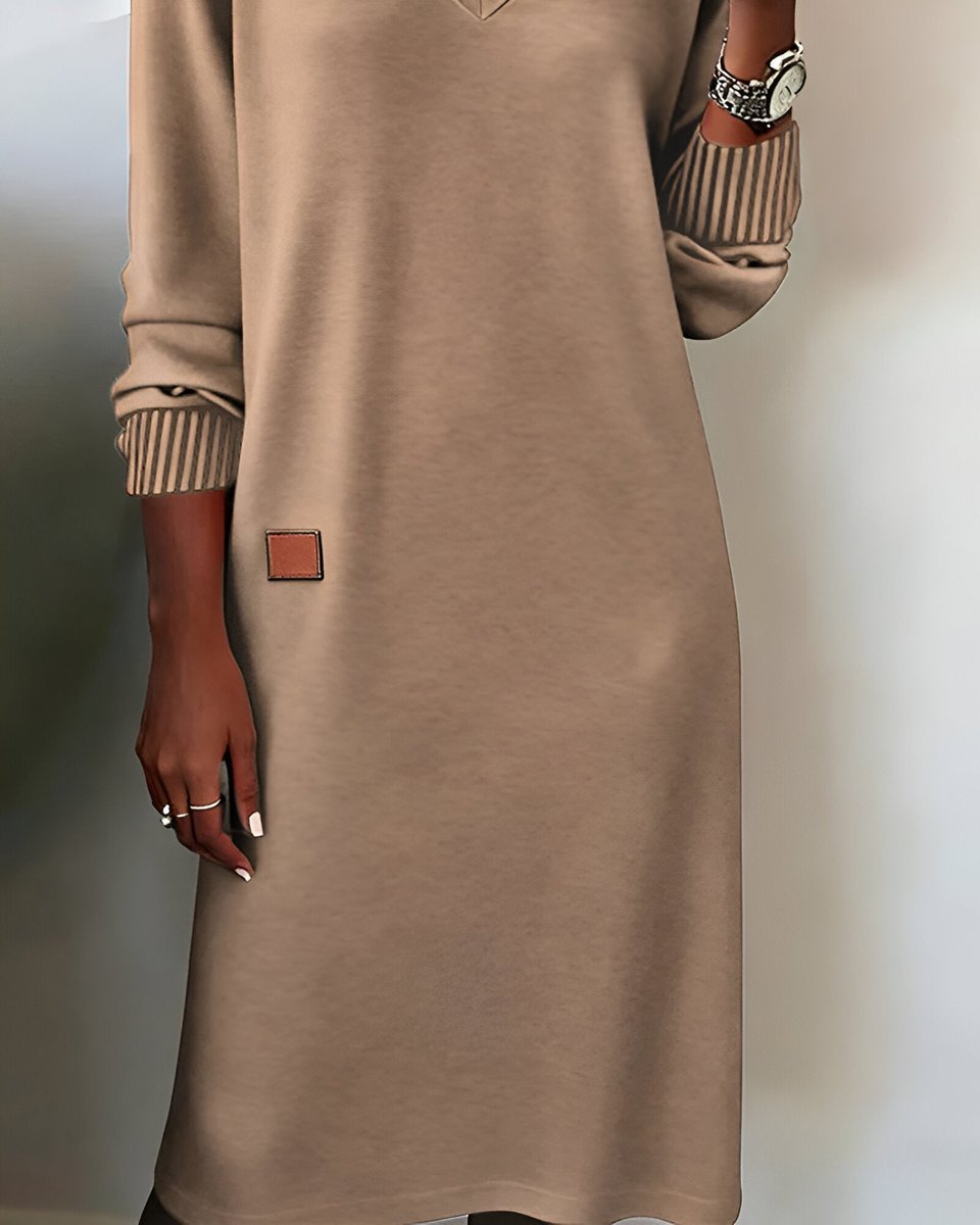 Women's V-Neck Midi Dress Long Sleeve Ribbed Cuff - 7