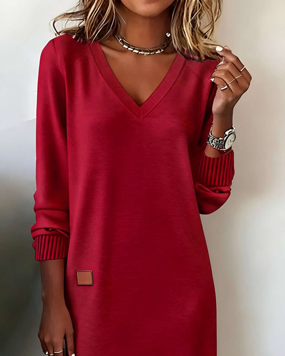 Women's V-Neck Midi Dress Long Sleeve Ribbed Cuff - 8