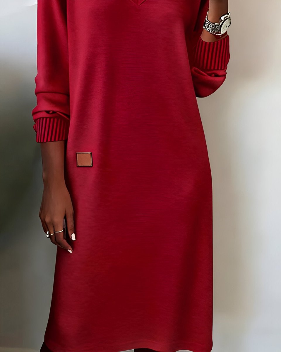 Women's V-Neck Midi Dress Long Sleeve Ribbed Cuff - 9