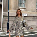 Women's Sequin Mini Dress with Trumpet Sleeves - 3