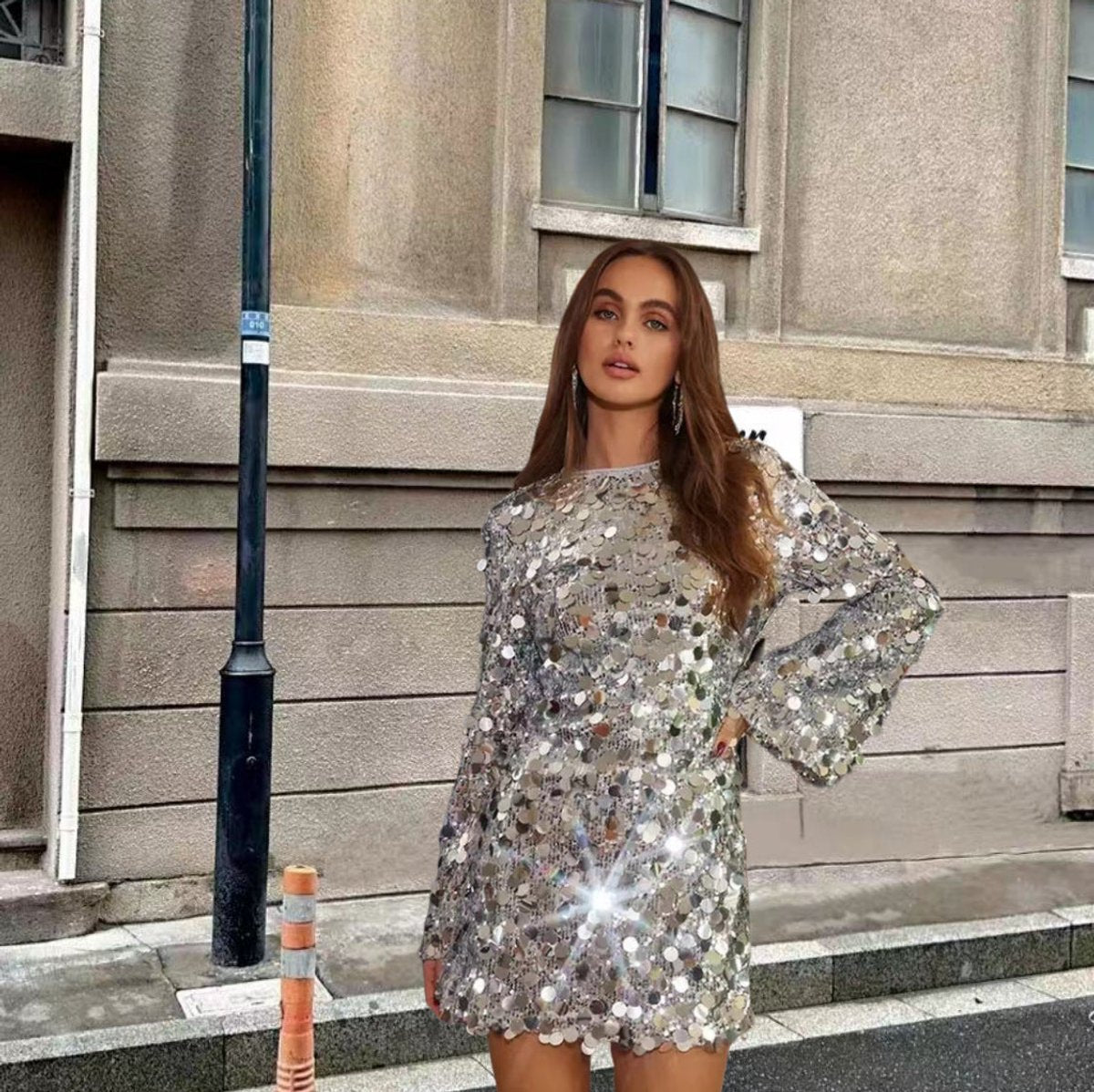 Women's Sequin Mini Dress with Trumpet Sleeves - 4