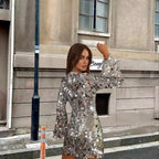 Women's Sequin Mini Dress with Trumpet Sleeves - 5