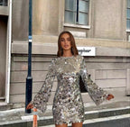 Women's Sequin Mini Dress with Trumpet Sleeves - Silver