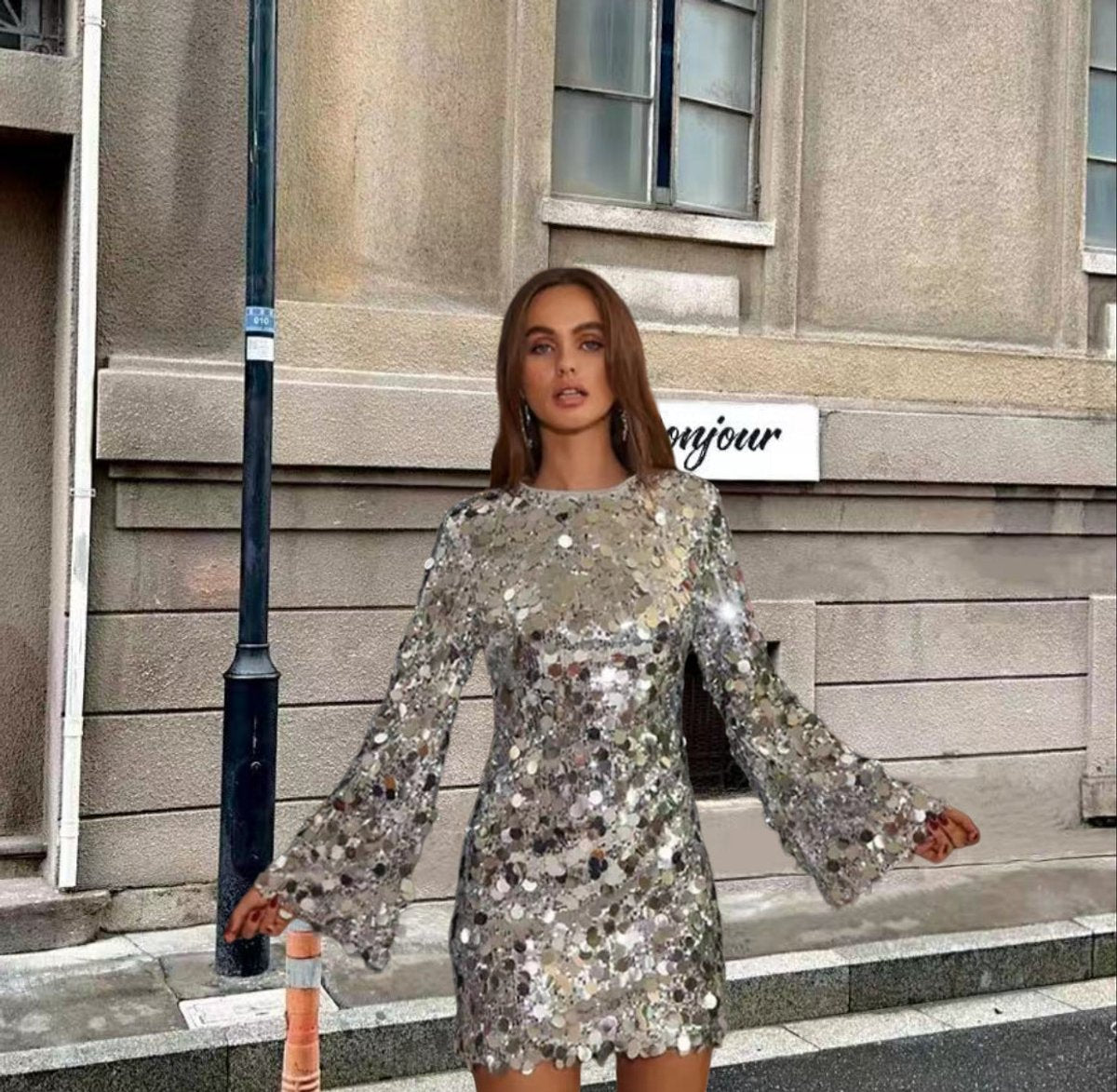 Women's Sequin Mini Dress with Trumpet Sleeves - Silver