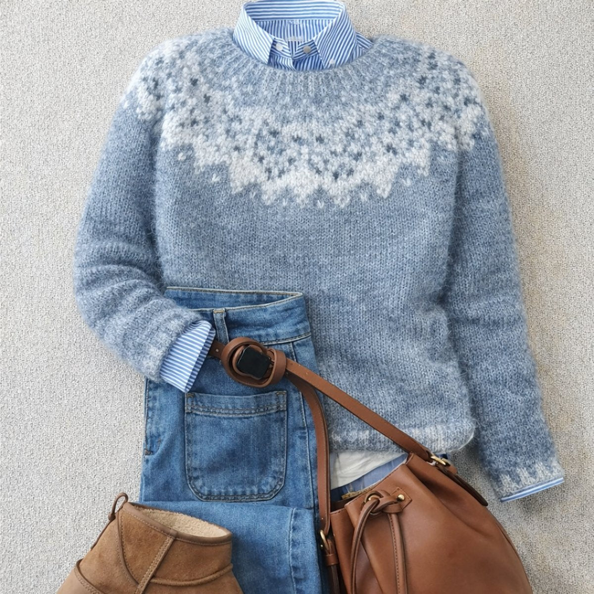 Women's Fair Isle Jumper with Crew Neck and Relaxed Fit - Blue