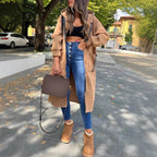 Women's Oversized Hooded Coat Long Zip-Up with Logo Detail - Khaki