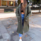 Women's Oversized Hooded Coat Long Zip-Up with Logo Detail - Green