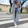 Women's Oversized Hooded Coat Long Zip-Up with Logo Detail - Grey
