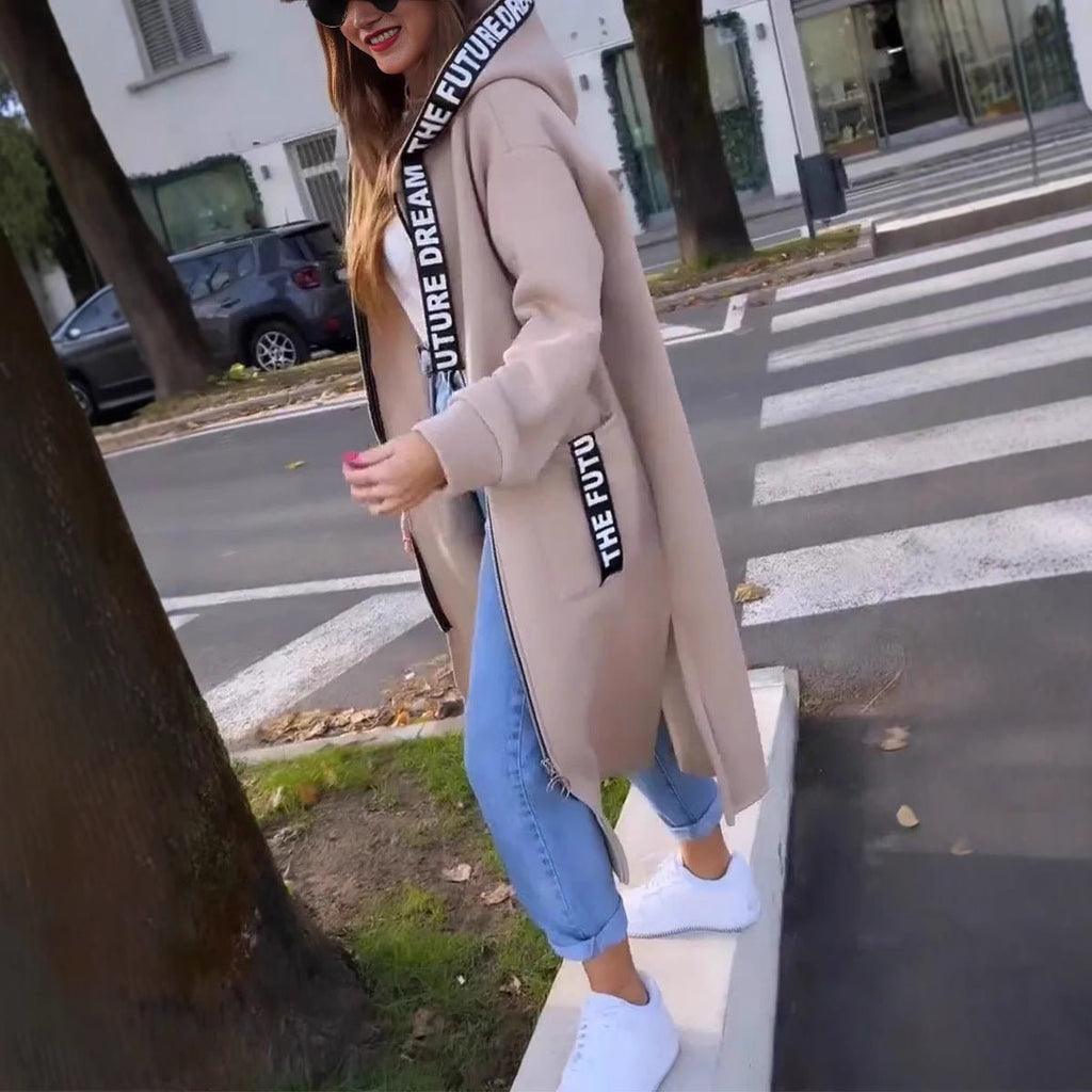 Women's Oversized Hooded Coat Long Zip-Up with Logo Detail - Beige