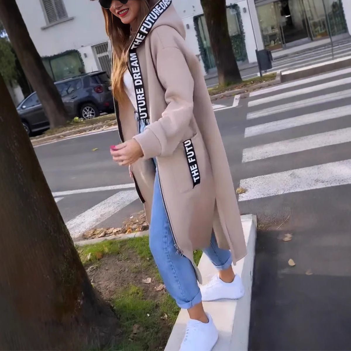 Women's Oversized Hooded Coat Long Zip-Up with Logo Detail - Beige