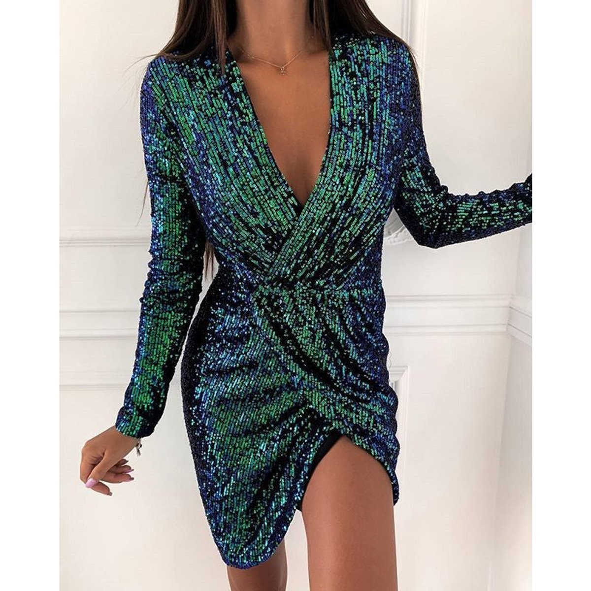 Women's Sequin Wrap Mini Dress Long Sleeve V-Neck - Green