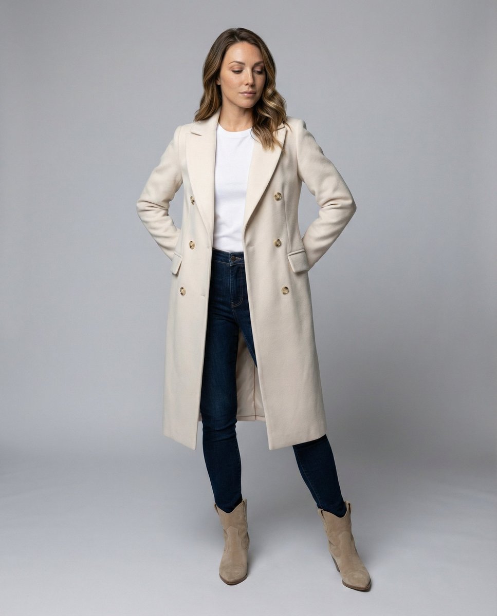 Women's Double-Breasted Longline Coat with Gold Buttons - 4