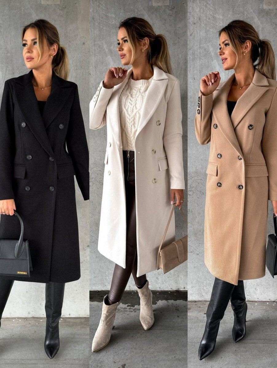 Women's Double-Breasted Longline Coat with Gold Buttons - 10