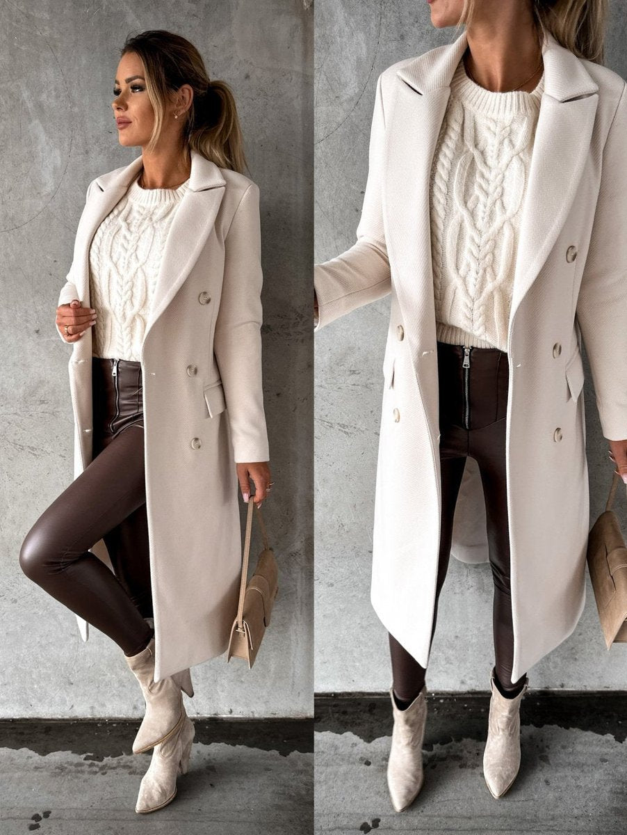 Women's Double-Breasted Longline Coat with Gold Buttons - 11